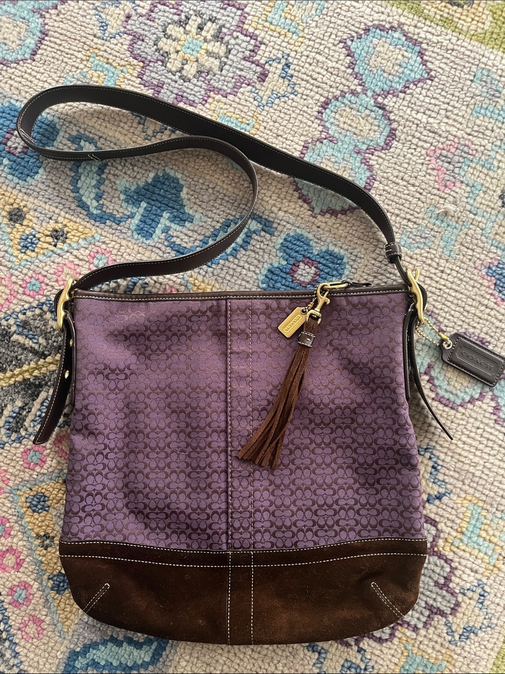 Coach Purple Signature Canvas Crossbody with Brown Suede Trim F10416